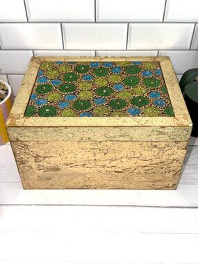 Boho Holiday Decorative Gold Box With Glittered Green & Blue Detailing